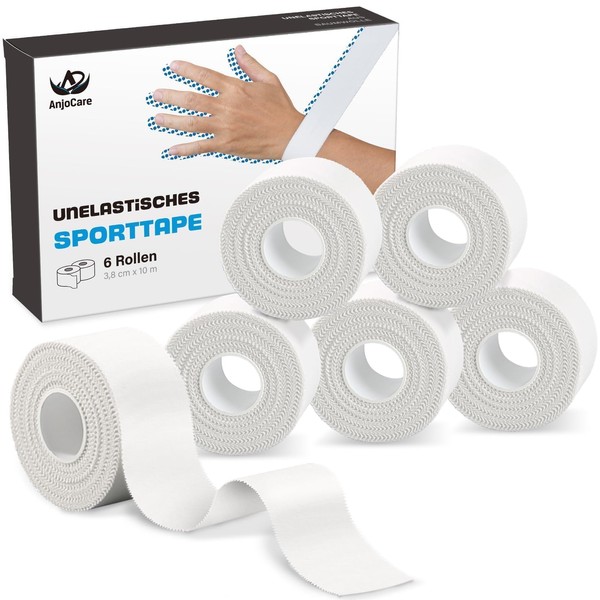 AnjoCare Athletic Sports Tape, 6 Rolls, Easy Tear, No Sticky Residue, Tape Bandage for Ankle, Wrist, Hands (10 m x 3.8 cm), White