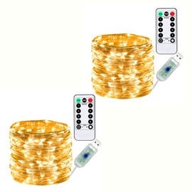 INGEQUIS 2Pzas 10M 100LEDs Guirnalda de Luz Led USB, Control Remoto, 8 Modos de Iluminación y Ajuste de Brillo, Temporizador, Tiras Led Impermeable Decorativa de Navidad y Año Nuevo (Blanco Cálido, 2)