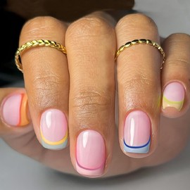 Press on Nails Square Short Length Glossy Full Cover Acrylic Square Shaped False Nails with Colorful French Designs Artificial Short Fake Nails Glue ons Nails Stick on Fingernails for Women