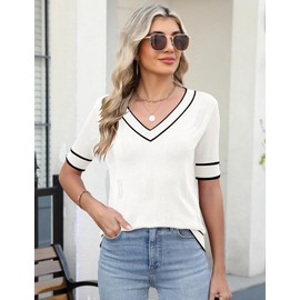 AKEWEI Womens Short Sleeve Sweaters Casual V Neck Pullover Tops Business Casual Fall Fashion Outfits(White Striped,XL)