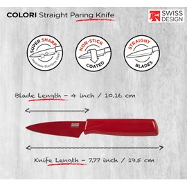 Kuhn Rikon COLORI® Paring Knife – 4 Inch Japanese Stainless Steel, Nonstick Blade, Ergonomic Handle & Sheath, Red