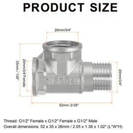 HARFINGTON 2pcs Tee Pipe Fitting G1/2" Female x G1/2" Female x G1/2" Male Stainless Steel 304 Tee Pipe 2" Length Cast Pipe Fittings Swivel Garden Hose Adapter for Water Oil Gas, Silver