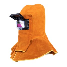 Cowhide Leather Welding Hood Hood with Solar Auto Darkening Filter Lens Mask,Full Protective Leather Welder Hood Welding Helmet With Neck Shoulder Protective,Welding Flame Heat Resistant Work Cap Hat