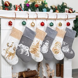 LUBOT Christmas Stockings Set of 6 Xmas Family Traditional Fireplace Hanging Gold Gray Sequin Decor Ornaments Velvet Satin Fabric with Embroidered Gifts for Christmas