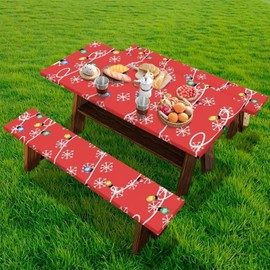 Mintulipy Christmas Colored Lights Snowflake Picnic Table Cover with Bench Covers 3 PCS for Outdoor Camping Rectangle Table Cloth for Picnic Camping Outdoor