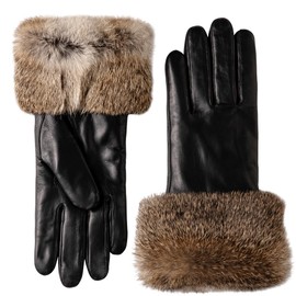 VIKIDEER Very Warm Fur Lined Gloves Women with Natural Brown Rabbit Fur Cuffs Leather Gloves Touchscreen Texting Driving Black Medium