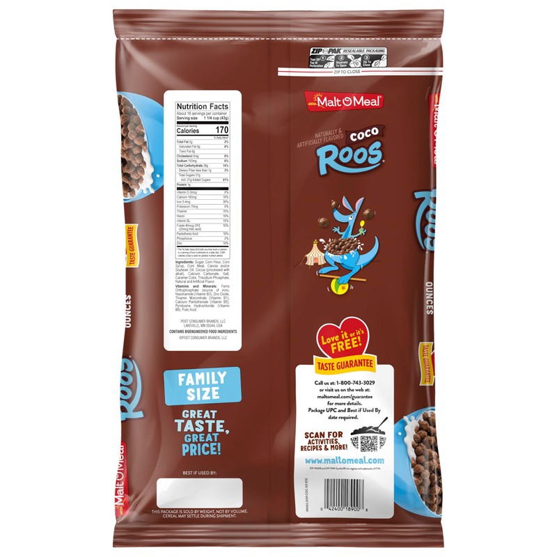 Malt-O-Meal Coco Roos Breakfast Cereal, Crunchy Chocolate PuffS, 23.6 OZ