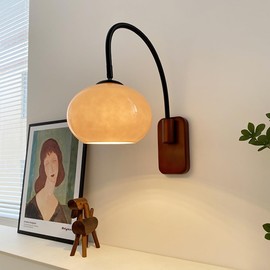 CADPCAG Modern Decoration Wall Sconce Mid Century with White Milk Glass Vintage Industrial Wood Wall Light Hardwired Smoke Grey Amber Farmhouse Reading Wall Lamp for Bedroom Living Room Bedside