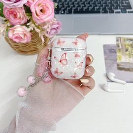 leobray Compatible with AirPods 1&2 Case for Women Girls,Cute Pink Butterfly Shell Design Soft TPU Case with Keychain Anti-dust Shockproof Protective Cover for AirPods 1&2