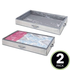 mDesign Soft Fabric Under Bed Storage Organizer Holder Bag for Clothing, Accessories, Linen - Easy-View Top Panel, Attached 2-Way Zippered Lid, Side Handles - 2 Pack - Gray