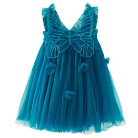 Baby Girls Layered Tulle Dress, Sleeveless Princess Tutu Dress with Back Butterfly, Strap Mesh Fluffy Flower Casual Sundress,Blue Size 130