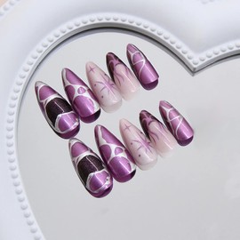 BABALAL Purple Press on Nails Medium Almond Fake Nails Y2k Glue on Nails Star Flame Design Acrylic Nails Sliver False nails Supplies 24pcs Stiletto Stick on Nails for Women Girls Full Cover Nails