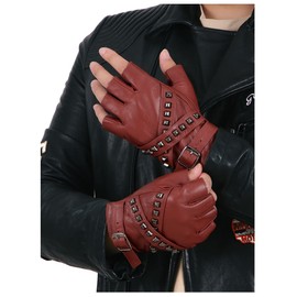 FIORETTO Men’s Fingerless Leather Gloves – Sheepskin Half Finger Driving Gloves for Motorcycle, Punk Style, Unlined & Breathable, Brick-Red Medium