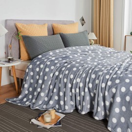JYK Flannel Fleece King Blanket, 90"x104", Super Soft Plush Microfiber Fuzzy Blanket, Lightweight Fluffy King Blanket for Bed(King, Grey Palka Dot)