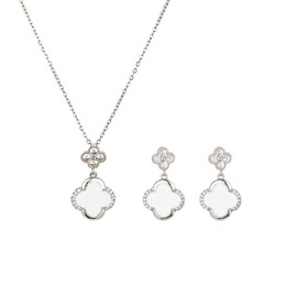 AOWVUTS Four-leaf Clover Jewellery Set for Women and Girls, 18K Gold-Plated Four Leaf Clover Necklace, Earrings, Hanging Set with Cubic Zirconia, Four Leaf Lucky Clover Jewellery Set, Pearl, Cubic