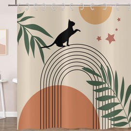 Hnmdmyi Shower Curtain Boho 180 x 200 cm, Mid Century Abstract Black Cat Green Leaf Arch Sun Moon Beige Bath Curtain Modern Minimalist Geometric Aesthetic Art Bath Curtain with Hooks