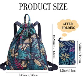 MOCCNORA Colorful Leaves Drawstring Backpack, Foldable Gym Backpack for Women Waterproof String Bag Sackpack for Travel