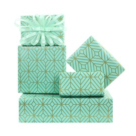 Elegant Mint Green and Gold Geometric Abstract Rhombus Lattice Wrapping Paper with Ribbon, 4 Sheets Minimalistic Classic Gift Wrap Folded Flat 50x70cm, For Wedding, Bridal Shower, Birthday