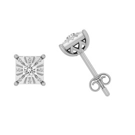 Beyond Brilliance 1/10 Carat Diamond, Illusion-Set Sterling Silver Round Diamond Square Miracle Solitaire Stud Earrings | Natural Diamond Earrings For Women | Gift Box Included