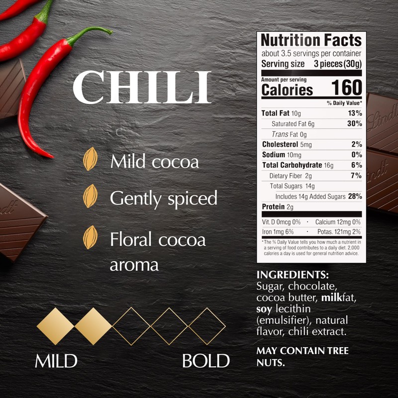 Lindt EXCELLENCE Chili Dark Chocolate Bar, Dark Chocolate Candy Infused