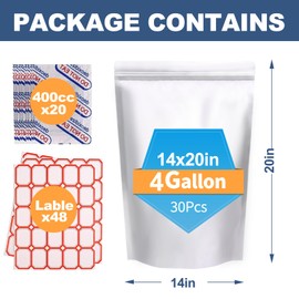 NexLevVac 30PCS 4Gallon 14"X20" Mylar Bags for Food Storage with Oxygen Absorbers&Lables,10 Mil Thick Resealable Stand-Up Zipper&Heat Sealable Bags for Long Term Food Storage,Dried Food