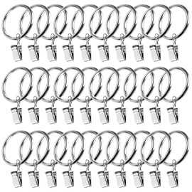 30PCS Curtain Rod Ring Clips, Curtain Rings With Clips, Rustproof Metal Drapery Ring with Clips Hook, for Curtains and Rods, 32mm Sliding Eyelet Curtain Rings for Window Rod Shower Curtains (Silver)