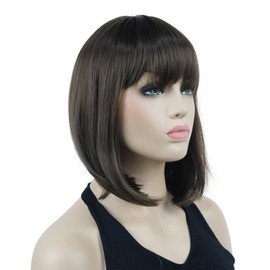 Lydell 10" Short Straight Bob Hair Wigs with Bangs No Part Full Synthetic Hair Cute Wigs (Light Chestnut Brown)
