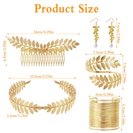 Nswayy Pack of 5 Greek Goddess Costume Jewellery Set Wedding Bridal Jewellery Upper Bangle Earrings Laurel Wreath Hair Clip Bracelet Golden Wedding Boho Leaf Hair Crown Accessories Girls Women