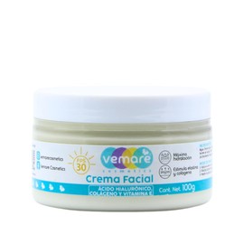 Vemare Cosmetics Crema Facial Para Día de Ácido Hialurónico, Colágeno y Vitamina E con Filtro Solar Máxima Hidratación 100g