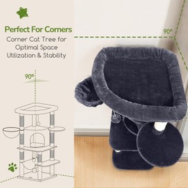 Globlazer C51 Corner Cat Tree Condo for Indoor Cats, 51in Curved Series Multi-Level Corner Cat Climbing Tower for Large Cats Adult with Hammock, Scratching Posts, Fan Top Perch, Cat Condo, Dark Grey