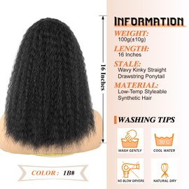 Kinky Straight Ponytail Extension for Black Women,16 Inch Yaki Drawstring Ponytail,Natural-Looking Thick Synthetic Hairpiece for Daily Wear(Natural Black)