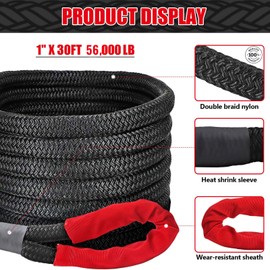 HEMDRE 1" x 30' Kinetic Recovery Rope 56,000lbs with 2 D-Ring Shackles, Heavy Duty Off Road Recovery Kit, Black Nylon Kinetic Tow Ropes for Trucks, Pickup, Tractor, SUV, UTV, ATV, RV