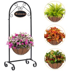 LEWIS&WAYNE 40’’ Tall Metal Welcome Planter Basket Stand with Coco Liner, Outdoor Décor for Porch, Deck, Patio, Landscape