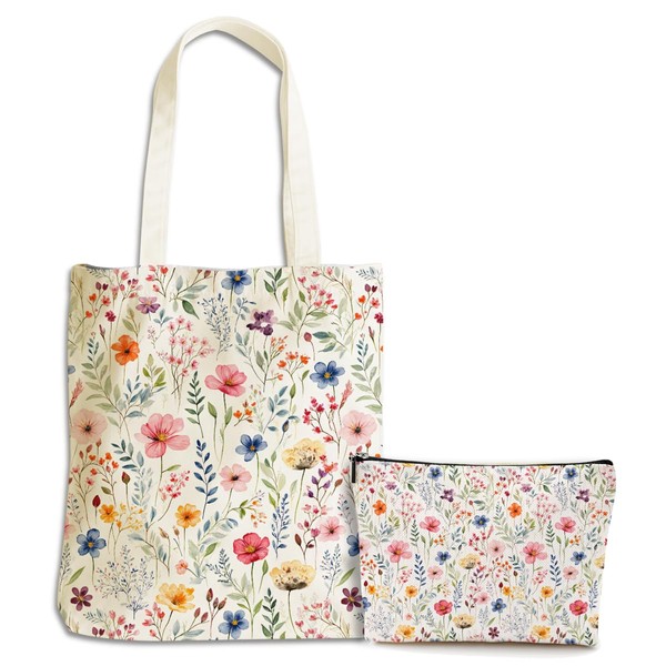 XLRSDF Aesthetic Flower Canvas Tote Bag Makeup Bag Beach Bags