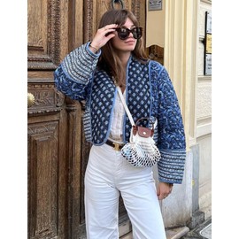 Wyeysyt Women Cropped Puffer Quilted Jackets Cardigan Floral Printed Lightweight Long Sleeve Open Front Short Padded Coats(Black-L)