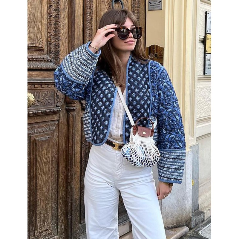 Wyeysyt Women Cropped Puffer Quilted Jackets Cardigan Floral Printed Lightweight