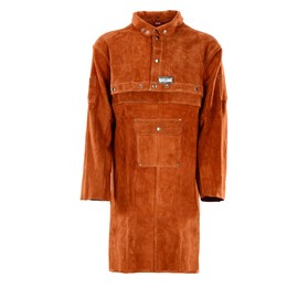 QeeLink Leather Welding Work Apron with Sleeve - Heavy Duty Leather Flame Resistant Welding Jacket | Blacksmith Apron (Large, Brown 40-Inch)