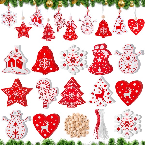 Gudotra Pack of 50 Christmas Tree Decorations Wood Christmas Decorations Ornaments Christmas Tree Pendants (Style 4)