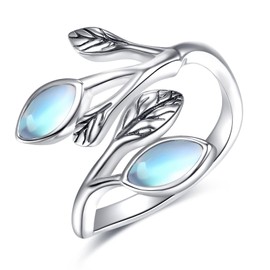 praymos Genuine Moonstone Ring Sterling Silver Moon Phase Ring Oval Leaf Cubic Zirconia Band Finger Minimalist Ring for Women