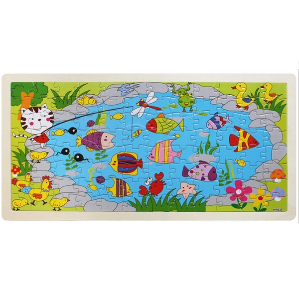 PROW® 96 PCS Kids Wood Wooden Puzzles Jigsaw Kitten Fishing Interesting Puzzle Toys with Storage Tray Safe Educational Brain Games for Toddler Kids Gift
