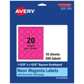 Avery Printable Square Scalloped Labels with Sure Feed Technology, 1-5/8" x 1-5/8", Neon Magenta Labels, Print-to-The-Edge, Laser/Inkjet, 200 Total, Great for Cosmetic Labels and Jar Labels