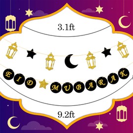 Talorine Eid Mubarak Banner Black Gold Muslim Islam Ramadan Mubarak Bunting Banner with Lantern Moon Star Signs Eid Al-fitr Festival Celebration Garland Party Decorations (Black)