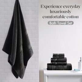 Madison Park Essentials Adrien 100% Cotton Soft Bathroom Towel Set, Highly Absorbent, Zero Twist, Quick Dry, Include 2 for Shower, 2 Hand & 2 Facial Wash Cloth, Assorted Sizes, Black 6 Piece