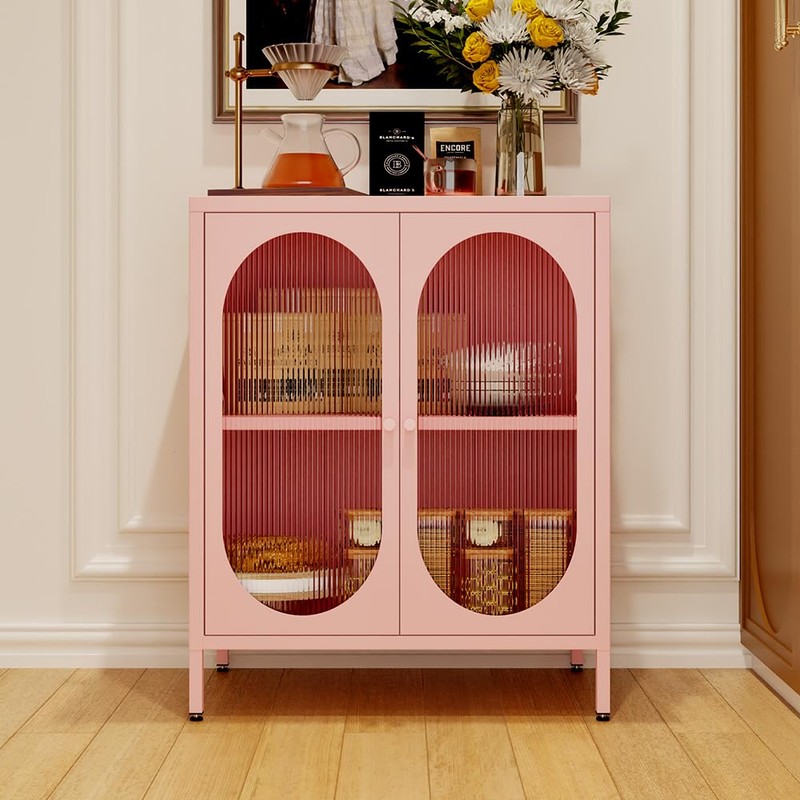 LYMOUYEE 2 Translucent Door Metal Accent Storage Cabinet for Bedroom,