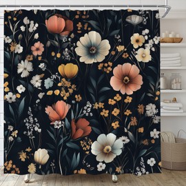 TENVSIN Black Floral Shower Curtain Boho Floral Cute Vintage Dark Flower Moody Retro Blossom Rustic Watercolor Leaves Spring Plant Botanical Fabric Bathroom Decor Set with Hooks(70" WX70 H)