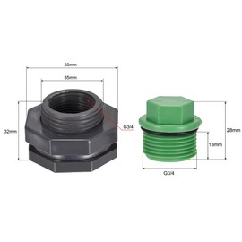 sourcing map PVC Bulkhead Tank Adapter with Green Plug Fitting G3/4 Thread for Rain Buckets Water Tanks 1 Set