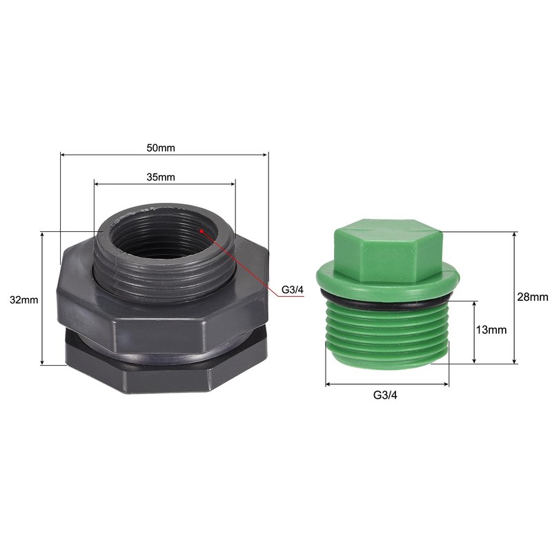 sourcing map PVC Bulkhead Tank Adapter with Green Plug Fitting