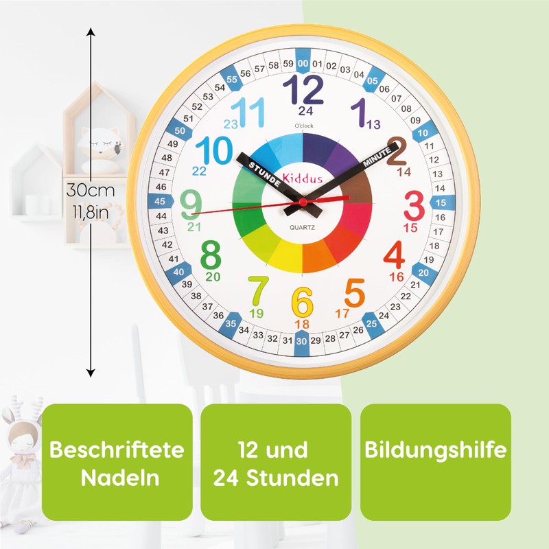 Kiddus Children's Wall Clock, Boys and Girls, Analogue Learning Clock