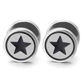 Circle Star Stud Earring Black Enamel, Men Women Steel Cheater Fake Ear Plugs Gauges Illusion Tunnel
