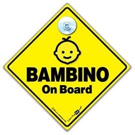 Bambino On Board Sign, Baby Car Sign, Baby On Board Suction Cup Car Sign in Yellow and Black. Big, Bold and Designed to to Notify Other Road Users That Baby is in The Car 14 cm x 14cm x 2cm